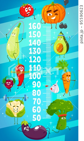 Kids height chart with cartoon vegetables on fitness. Child growth meter roler with running tomato, zucchini and avocado with dumbbell, pumpkin, pepper and cauliflower, carrot, broccoli and eggplant 95590623
