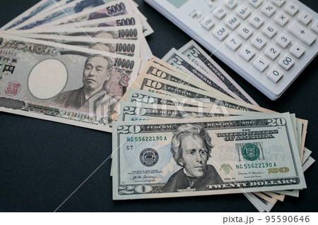 日本円と米ドル紙幣 日本円と米ドル紙幣 95590646