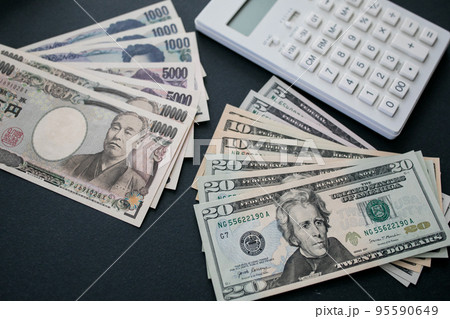 日本円と米ドル紙幣 95590649
