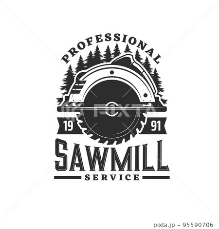 Sawmill icon with spruce or pine trees silhouettes and hand circular saw. Carpenter shop or lumber monochrome vector symbol or retro icon. Logging industry and woodwork tools vintage sign or badge 95590706