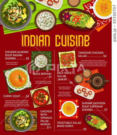 Indian cuisine meals vector menu with vegetable and meat spice food, curry, milk dessert. Duck rice biryani, shrimp saffron and almond soups, tandoori chicken and veggie salads, spinach chicken curry 95590707