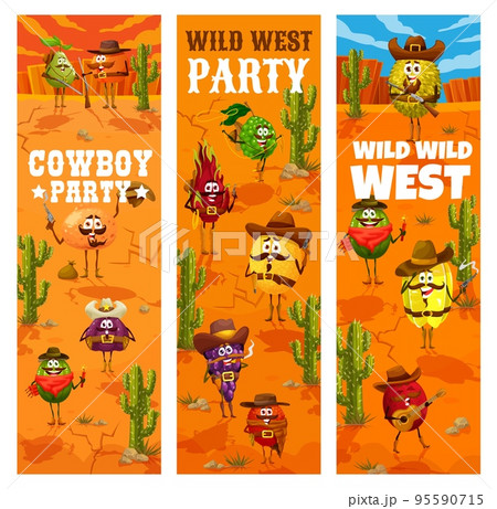 Wild West. Western cowboy party. Cartoon ranger, bandit and cowboy fruit characters of guava, orange and grapefruit, fig, kiwi, bergamot, dragon fruit and melon, grape, lychee, carambola and pitaya 95590715