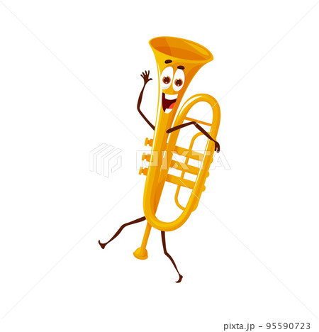 Cartoon dancing trumpet character. Isolated vector horn, funny trumpet with happy face, wind instrument personage. Brass pipe for music school Cartoon dancing trumpet character. Isolated vector horn, funny trumpet with happy face, wind instrument personage. Brass pipe for music school 95590723
