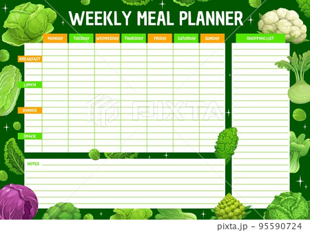Weekly meal planner. Cartoon cabbage vegetables. Cooking daily schedule, diet organizer checklist or timetable with brussels sprout, broccoli and romanesco, bok choy, kale, radicchio and cauliflower Weekly meal planner. Cartoon cabbage vegetables. Cooking daily schedule, diet organizer checklist or timetable with brussels sprout, broccoli and romanesco, bok choy, kale, radicchio and cauliflower 95590724