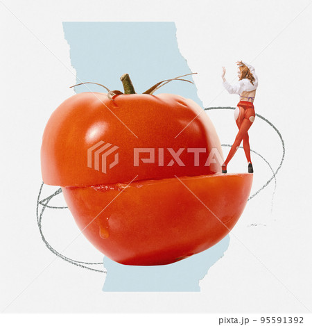 Contemporary art collage. Creative design with young woman walking on tomato symbolizing healthy eating. Vegetables 95591392