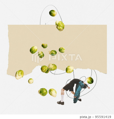 Contemporary art collage. Creative design with broccoli attacking young man. Healthy eating, lifestyle. 95591419