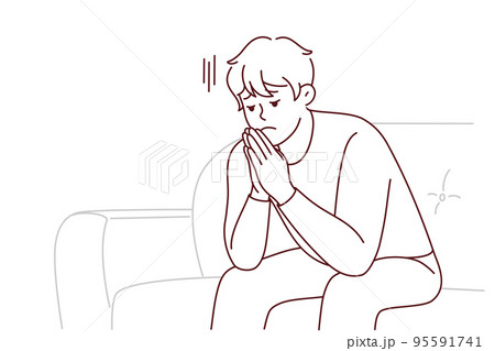 Unhappy man sit on sofa feeling stressed Unhappy man sit on sofa feeling stressed 95591741