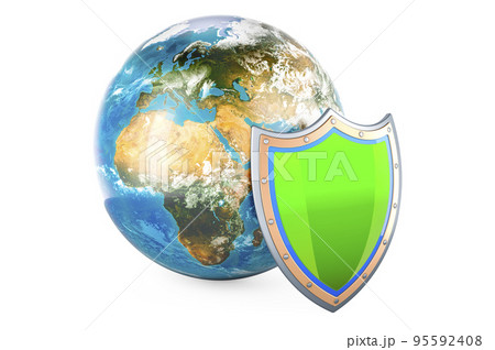 Earth Globe with shield, 3D rendering 95592408