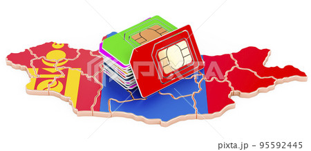 Sim cards on the Mongolian map. Mobile communications, roaming in Mongolia, concept. 3D rendering 95592445