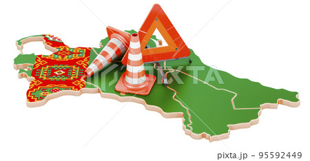 Turkmen map with traffic cones and warning triangle, 3D rendering Turkmen map with traffic cones and warning triangle, 3D rendering 95592449