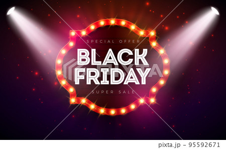 Black Friday Sale Illustration with Glowing Light Bulb Billboard on Dark Background. Vector New Year and Christmas Design Template for Greeting Card, Flyer, Banner, Celebration Poster or Party 95592671