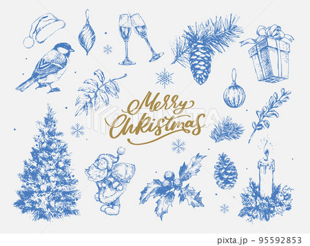 Merry Christmas. Happy New Year, 2023. Typography set. Vector logo, emblems, text design. Usable for banners, greeting cards, gifts etc. 95592853