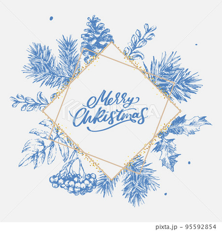 Christmas frame tree gold background. New year Festive background. Abstract floral background. Decorative border. 95592854