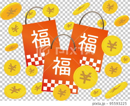 縁起の良い福袋とお金が舞うイラスト 95593225