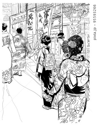 Japan, street in japan with people in traditional clothing Japan, street in japan with people in traditional clothing 95593266