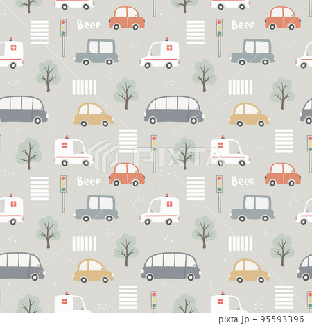 Seamless pattern with cute cars, traffic lights and trees. 95593396