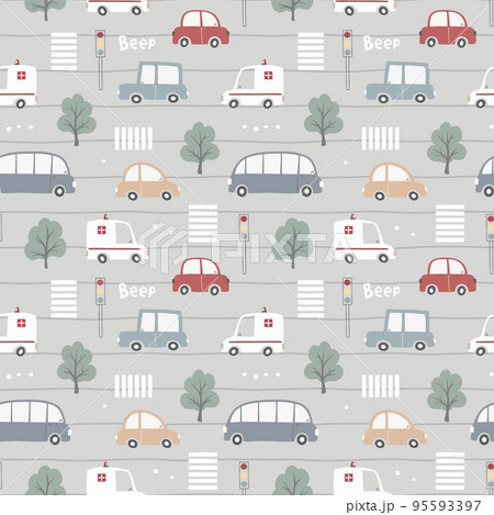 Seamless pattern with cute cars, traffic lights and trees. 95593397
