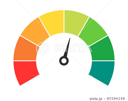 Vector speedometer meter with arrow for dashboard with green, yellow, red indicators. Gauge of tachometer. Low, medium, high and risk levels. Bitcoin fear and greed index cryptocurrency 95594249