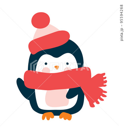 Cute baby vector penguin in knitted red scarf and hat in cartoon style. Isolated on white background flat illustration 95594268