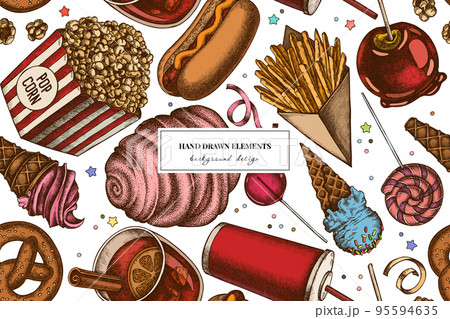 Carnival food seamless pattern background design. Engraved style. Hand drawn french fries, pretzel, popcorn, lemonade, hot dog, mulled wine, caramel apple, cotton candy, ice cream cones, lollipop Carnival food seamless pattern background design. Engraved style. Hand drawn french fries, pretzel, popcorn, lemonade, hot dog, mulled wine, caramel apple, cotton candy, ice cream cones, lollipop 95594635