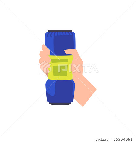 Human hand holding blue cleaning product with green label flat style Human hand holding blue cleaning product with green label flat style 95594961