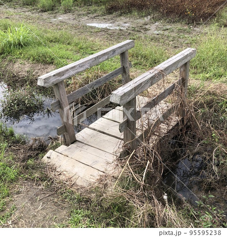 秋の小川に架かる枯草の絡まる小さな木橋 秋の小川に架かる枯草の絡まる小さな木橋 95595238