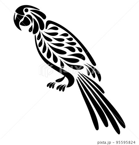 Hand drawn tropical parrot, black silhouette with ornament. Stencil, tattoo, illustration, vector Hand drawn tropical parrot, black silhouette with ornament. Stencil, tattoo, illustration, vector 95595824