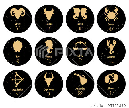 Set of zodiac signs, gold signs on a black round background. Horoscope icons, vector Set of zodiac signs, gold signs on a black round background. Horoscope icons, vector 95595830