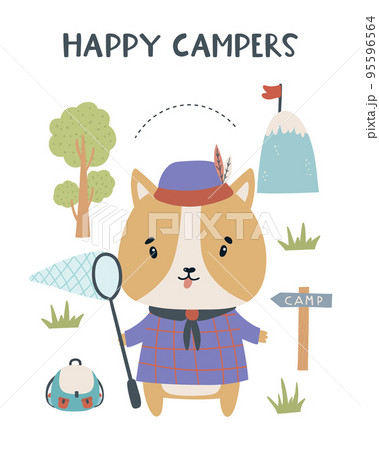 Cute hand drawn animals camper in scandinavian style. A big adventure with animals cartoon character dog - vector print Cute hand drawn animals camper in scandinavian style. A big adventure with animals cartoon character dog - vector print 95596564