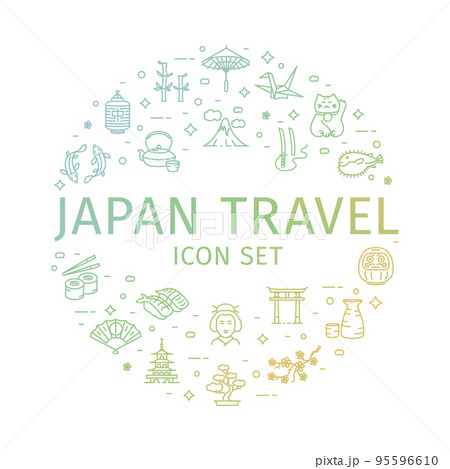 Japan Travel and Tourism Round Design Template Thin Line Icon Concept. Vector Japan Travel and Tourism Round Design Template Thin Line Icon Concept. Vector 95596610