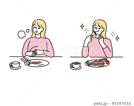 食事のイラスト(空腹、満腹、食後、ダイエット、暴飲暴食) 食事のイラスト(空腹、満腹、食後、ダイエット、暴飲暴食) 95597038