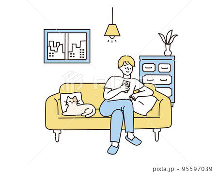 自宅でくつろぐイラスト(休日、ゴロゴロ、インドア) 自宅でくつろぐイラスト(休日、ゴロゴロ、インドア) 95597039