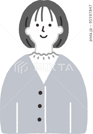 シンプルでかわいいボブヘアーの笑顔の女性 モノクロ風 のイラスト素材