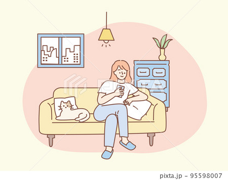 自宅でくつろぐイラスト(休日、ゴロゴロ、インドア)  95598007