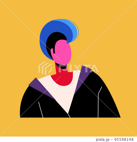 The guy is a punk rocker with a mohawk. A flat portrait of a waist-high man with blue hair. Youth hairstyle The guy is a punk rocker with a mohawk. A flat portrait of a waist-high man with blue hair. Youth hairstyle 95598148