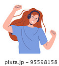 A red-haired girl with headphones is dancing. A happy woman has raised her hands and is listening to music 95598158