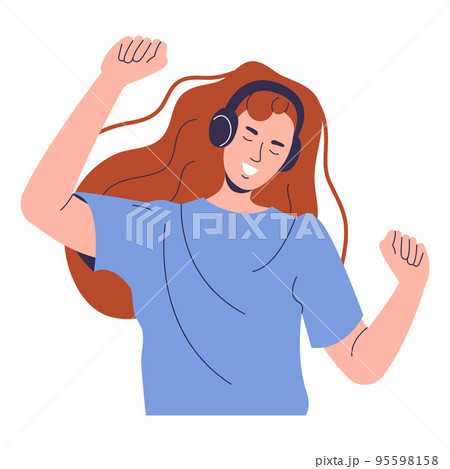A red-haired girl with headphones is dancing. A happy woman has raised her hands and is listening to music A red-haired girl with headphones is dancing. A happy woman has raised her hands and is listening to music 95598158