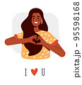 A brunette girl with dark skin shows a heart with her hands as a symbol of love. Vector illustration on a white background 95598168