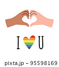 The hands and fingers show a heart. Rainbow LGBT flag. Love pride. Vector illustration on a white background 95598169