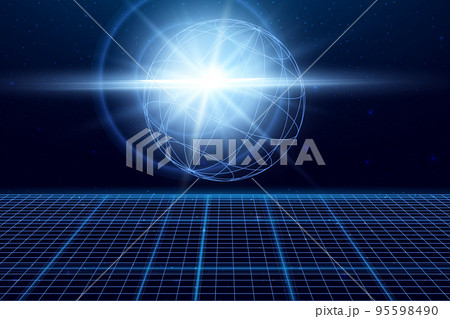 Perspective grid with wireframe shape and lens flare. Space neon infinity mesh, abstract technology background. Vector illustration Perspective grid with wireframe shape and lens flare. Space neon infinity mesh, abstract technology background. Vector illustration 95598490