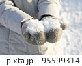 fluffy snow in hands of those wearing mittens. 95599314