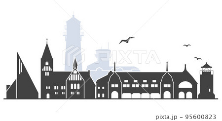 Cityscape of island Sylt with landmarks, silhouette of german sea resort, Westerland outline, vector 95600823
