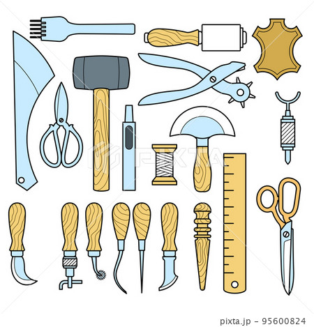 Leather craft working tools set, shoemaker tools for handicraft, vector 95600824