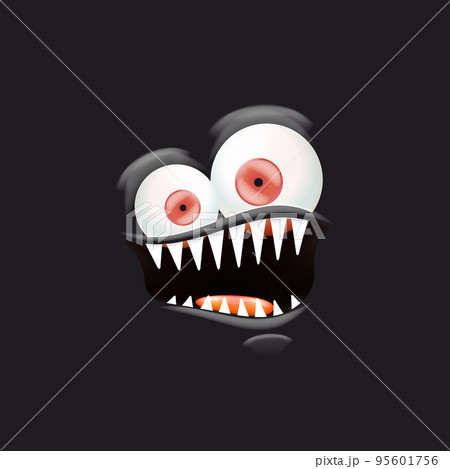 Vector funny angry black monster face with open mouth with fangs and evil eyes isolated on black background. Halloween cute and angry monster design template for poster, banner and tee print 95601756