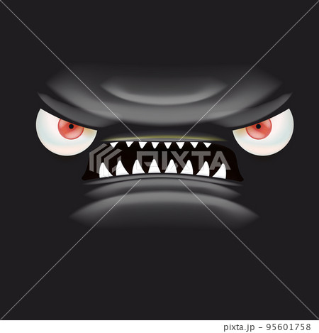 Vector funny angry black monster face with open mouth with fangs and evil eyes isolated on black background. Halloween cute and angry monster design template for poster, banner and tee print 95601758