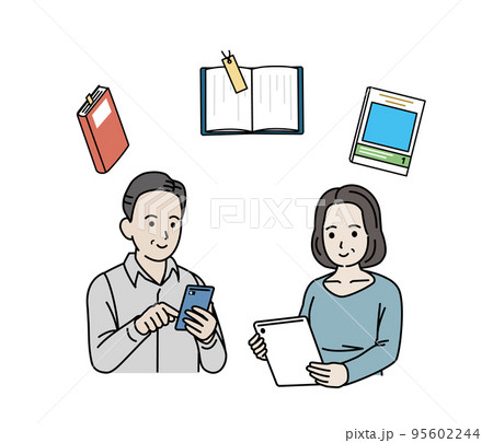 スマートフォンやタブレットで電子書籍を読む中年の男女のイラスト スマートフォンやタブレットで電子書籍を読む中年の男女のイラスト 95602244