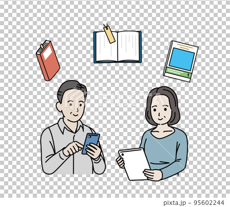 スマートフォンやタブレットで電子書籍を読む中年の男女のイラスト スマートフォンやタブレットで電子書籍を読む中年の男女のイラスト 95602244