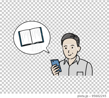 スマートフォンで電子書籍を読む中年の男性のイラスト 95602245