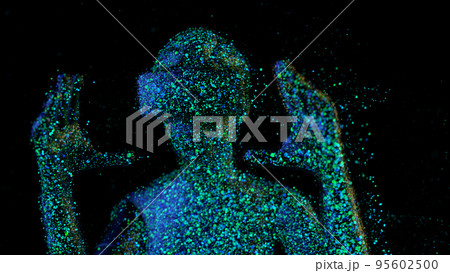 Metaverse concept. Woman with VR virtual reality goggles is working. 3D render. 95602500