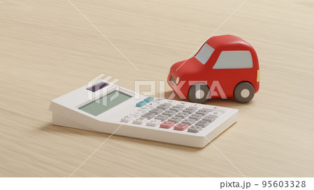平面上に置いてある粘土でできたミニチュアの自動車と電卓のCGによるフォトリアルな3Dイラストレーショ 平面上に置いてある粘土でできたミニチュアの自動車と電卓のCGによるフォトリアルな3Dイラストレーショ 95603328